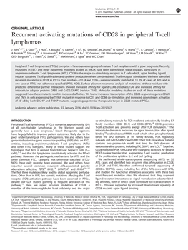 Recurrent Activating Mutations of CD28 in Peripheral T-Cell Lymphomas