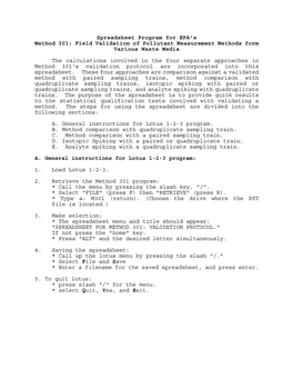 Spreadsheet Program for EPA's Method 301: Field Validation of Pollutant Measurement Methods Form Various Waste Media the Calcul