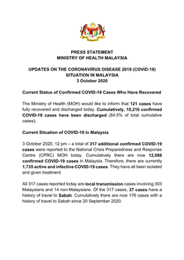 (COVID-19) SITUATION in MALAYSIA 3 October 2020