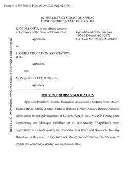 IN the DISTRICT COURT of APPEAL FIRST DISTRICT, STATE of FLORIDA RON DESANTIS, in His Official Capacity As Governor of the State