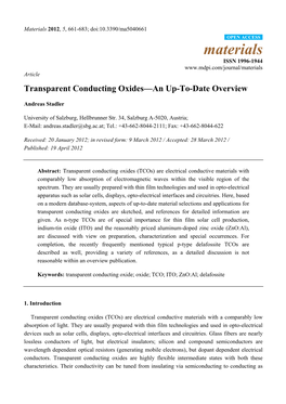 Transparent Conducting Oxides—An Up-To-Date Overview