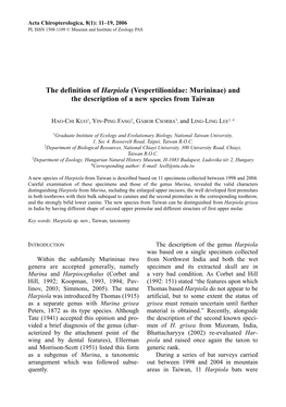 The Definition of Harpiola (Vespertilionidae: Murininae) and the Description of a New Species from Taiwan