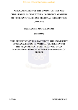 An Examination of the Opportunities and Challenges Facing Women in Ghana’S Ministry of Foreign Affairs and Regional Integration (2000-2019)