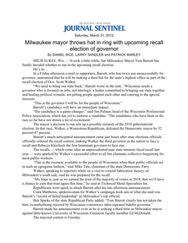 Milwaukee Mayor Throws Hat in Ring with Upcoming Recall Election of Governor by DANIEL BICE, LARRY SANDLER and PATRICK MARLEY MILWAUKEE, Wis