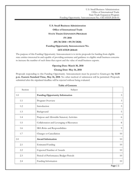 U.S. Small Business Administration Office of International Trade State Trade Expansion Program Funding Opportunity Announcement No