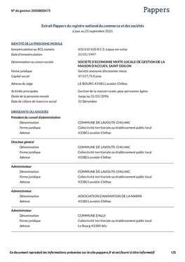 Extrait Pappers Du Registre National Du Commerce Et Des Sociétés a Jour Au 25 Septembre 2021