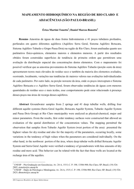 Mapeamento Hidroquímico Na Região De Rio Claro E Adjacências (São Paulo-Brasil)