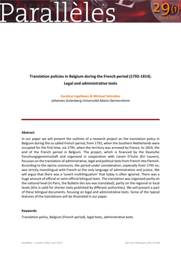 Translation Policies in Belgium During the French Period (1792-1814). Legal and Administrative Texts