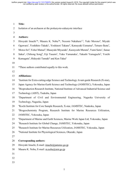 Isolation of an Archaeon at the Prokaryote-Eukaryote Interface 3 4 Authors: 5 Hiroyuki Imachi1*, Masaru K