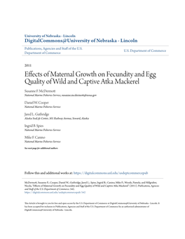 Effects of Maternal Growth on Fecundity and Egg Quality of Wild and Captive Atka Mackerel Susanne F