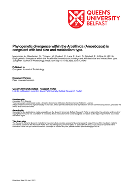 Amoebozoa) Is Congruent with Test Size and Metabolism Type