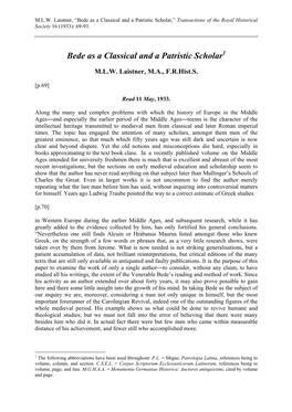 Bede As a Classical and a Patristic Scholar,” Transactions of the Royal Historical Society 16 (1933): 69-93