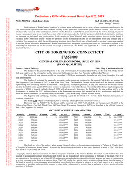 City of Torrington, Connecticut $7,850,000 General Obligation Bonds, Issue of 2019 (Bank Qualified) Book-Entry-Only