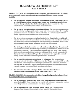 H.R. 3361, the USA FREEDOM ACT FACT SHEET