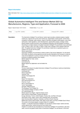 Global Automotive Intelligent Tire and Sensor Market 2021 by Manufacturers, Regions, Type and Application, Forecast to 2026