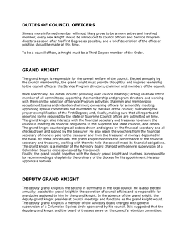 Duties of Council Officers Grand Knight Deputy Grand