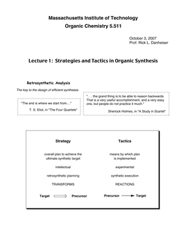 Lecture 1: Strategies and Tactics in Organic Synthesis