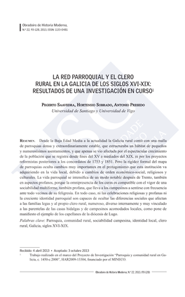 La Red Parroquial Y El Clero Rural En La Galicia De Los Siglos Xvi-Xix: Resultados De Una Investigación En Curso1