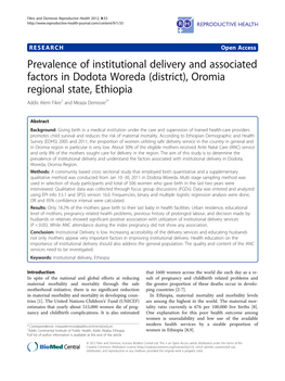 Prevalence of Institutional Delivery and Associated Factors in Dodota Woreda (District), Oromia Regional State, Ethiopia Addis Alem Fikre1 and Meaza Demissie2*