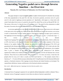 Generating Negative Pedal Curve Through Inverse Function – an Overview *Ramesha