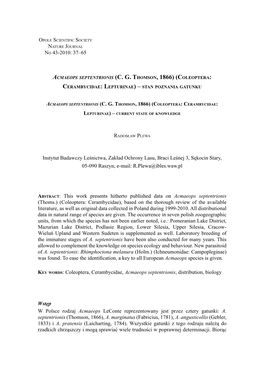 Coleoptera: Cerambycidae), Based on the Thorough Review of the Available Literature, As Well As Original Data Collected in Poland During 1999-2010