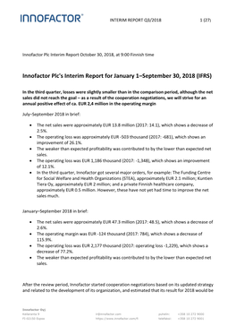 Innofactor Plc's Interim Report for January 1–September 30, 2018 (IFRS)