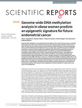 Genome-Wide DNA Methylation Analysis in Obese Women Predicts an Epigenetic Signature for Future Endometrial Cancer