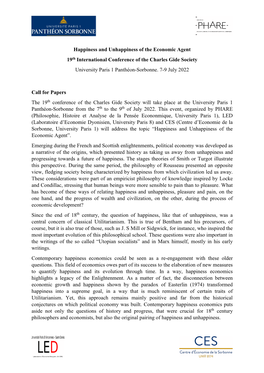 Happiness and Unhappiness of the Economic Agent 19Th International Conference of the Charles Gide Society University Paris 1 Panthéon-Sorbonne