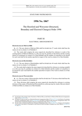 The Hereford and Worcester (Structural, Boundary and Electoral Changes) Order 1996