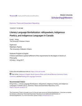 Literary Language Revitalization: Nêhiyawêwin, Indigenous Poetics, and Indigenous Languages in Canada