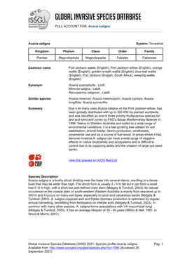 Acacia Saligna Global Invasive Species Database (GISD)