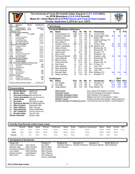 Match #3 • Home Match #3 at UTRGV Soccer and Track & Field Complex Sunday, September 6, 2015 at 7 P.M
