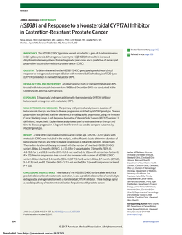 HSD3B1 and Response to a Nonsteroidal CYP17A1 Inhibitor in Castration-Resistant Prostate Cancer