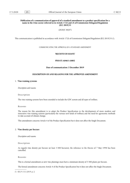 Publication of a Communication of Approval of a Standard Amendment to a Product Specification for a Name in the Wine Sector Refe