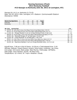 Scoring Summary (Final) 2012 Kentucky Football #13 Georgia Vs Kentucky (Oct 20, 2012 at Lexington, KY)