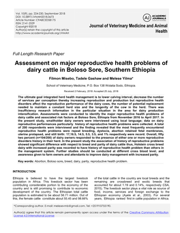 Assessment on Major Reproductive Health Problems of Dairy Cattle in Boloso Sore, Southern Ethiopia