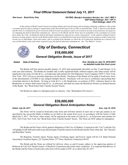 City of Danbury, Connecticut $18,000,000 General Obligation Bonds, Issue of 2017