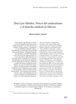Don Luis Méndez. Prócer Del Sindicalismo Y El Derecho Sindical En México
