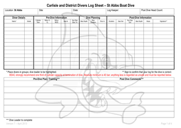 Carlisle and District Divers Log Sheet – St Abbs Boat Dive