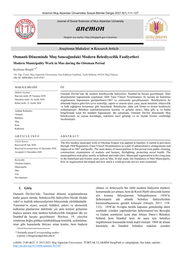 Osmanlı Devleti Döneminde Muş Sancağında Modern Belediyecilik