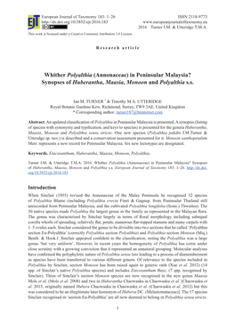 Annonaceae) in Peninsular Malaysia? Synopses of Huberantha, Maasia, Monoon and Polyalthia S.S