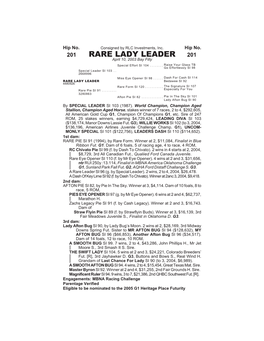 RARE LADY LEADER 201 April 10, 2003 Bay Filly Special Effort SI 104