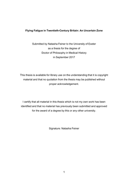 1 Flying Fatigue in Twentieth-Century Britain: an Uncertain Zone Submitted by Natasha Feiner To