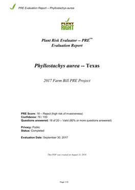 PRE Evaluation Report for Phyllostachys Aurea