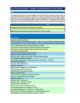 Live Vacancies Report - Reigate and Banstead (As of 18/11/2019)