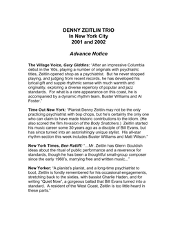 Denny Zeitlin Trio in NYC 2001 & 2002--Advance Notice.Rtf