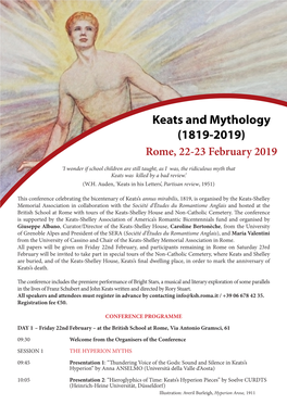 Keats and Mythology (1819-2019) Rome, 22-23 February 2019