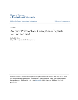 Averroes' Philosophical Conception of Separate Intellect and God Richard C