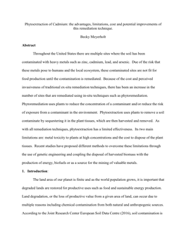 Phytoextraction of Cadmium: the Advantages, Limitations, Cost and Potential Improvements of This Remediation Technique