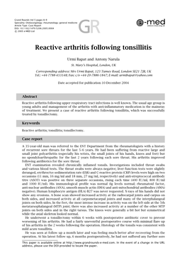 Reactive Arthritis Following Tonsillitis